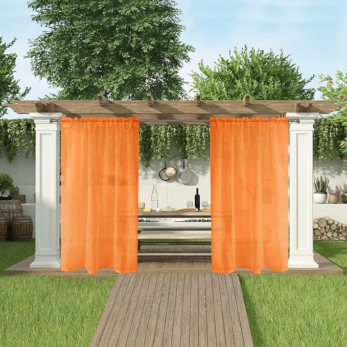 SpaceDresser Waterproof Outdoor Sheer Curtains for Patio - 2 Panels Rod Pocket Indoor Voile Sheer Curtain for Living Room,52W x 84L inch, Orange
