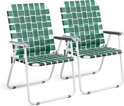 VINGLI Patio Lawn Webbed Folding Chairs Outdoor Beach Portable Camping Chair for Yard, Garden (2, Dark Green, Oversized)