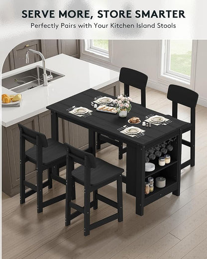 SERWALL 3-Piece Outdoor Counter Height Bar Set, HDPE Patio Bar Table with Wine Rack & Storage Shelf, 2 All-Weather Bar Stools, Patio Bar Dining Furniture Set for 3, Black
