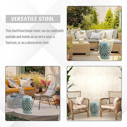 Outsunny 13" x 18" Ceramic Garden Stool with Woven Lattice Design & Glazed Strong Materials Decorative Outdoor Stool, Antique Blue