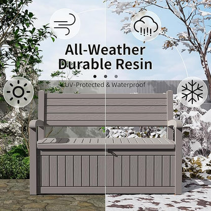 80 Gallon Outdoor Storage Bench Deck Box Waterproof Lockable,Outdoor Storage Furniture for Patio,Garden and Porch,Tools and Cushions（Grey Stripe）