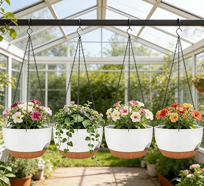 Set of 4-8 Inch Self Watering Hanging Planters for Indoor Outdoor，Hanging Plant Pots with Drainage & Removable Tray, Hanging Pots Holder for Ivy, Pothos, Ferns, Balcony & Patio, White Brown