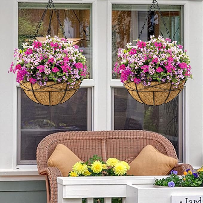 2 Pack 20 Inch Extra Large Deep Hanging Planters for Outdoor Plants Watering Hanging Baskets Flower Pots with Coco Liners Metal Hanging Plant Holder for Porch Balcony Garden Decor