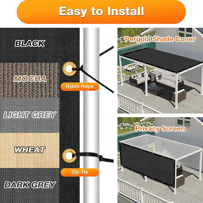 Artpuch Outdoor Pergola Shade Cover 11x11 FT Sun Shade Cloth with Grommets Black 90% UV Protection Canopy Patio Privacy Screen (Customized Available)