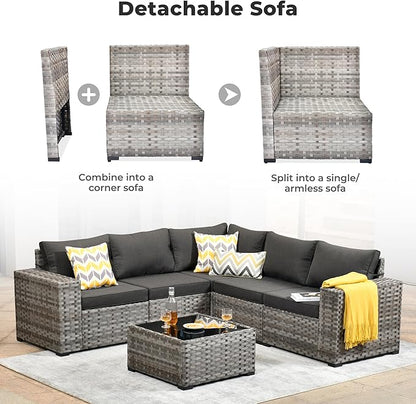 ovios 6 Pieces Patio Furniture Set, Outdoor Wicker Sectional Sofa with Glass Table Comfy Cushions, Modern Modular Deep Seat Couch Rattan Conversation Set, Black