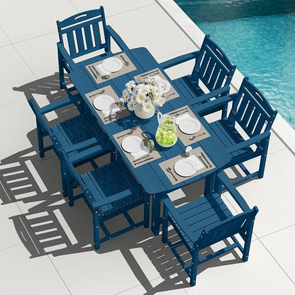 Outdoor Rectangle Dining Table, Heavy-Duty HDPE Table for 6, Weatherproof Patio Table with Umbrella Hole, Rounded Corners for Safety, Navy Blue