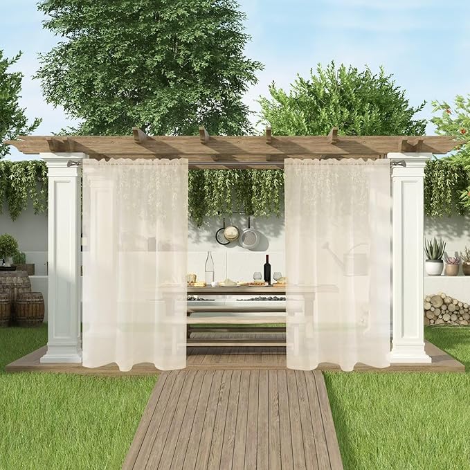 SpaceDresser Waterproof Outdoor Sheer Curtains for Patio - 2 Panels Rod Pocket Indoor Voile Sheer Curtain for Living Room,100W x 84L inch, Ivory