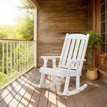 VINGLI Heavy Duty 600 LBS Outdoor Wooden Rocking Chair with Higher Backrest,Patio Rocking Chair with Ergonomic Design, Weatherproof Outdoor Rockers Suit for Patio, Garden, Balcony, Yard, White