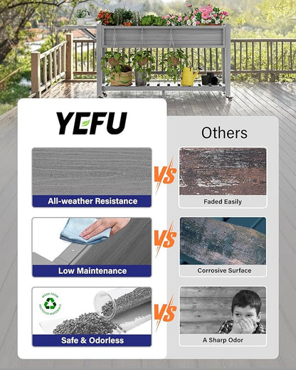 YEFU Raised Garden Bed with Legs: 57x18x30in Weight Capacity 400lb - Waterproof Raised Planter Box with Wheels - Elevated Garden Bed with Storage Shelf - Weather Resistant - for Deck/Patio/Porch/Grey