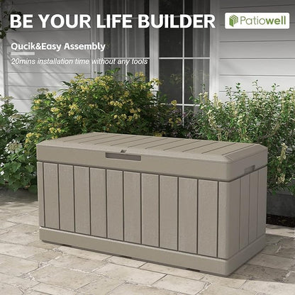 Patiowell 82 Gallon Resin Deck Box, Waterproof Large Wood Look Storage Box for Patio Furniture, Pool Accessories, Garden Tools and Sports Equipment, Lockable, Light Brown