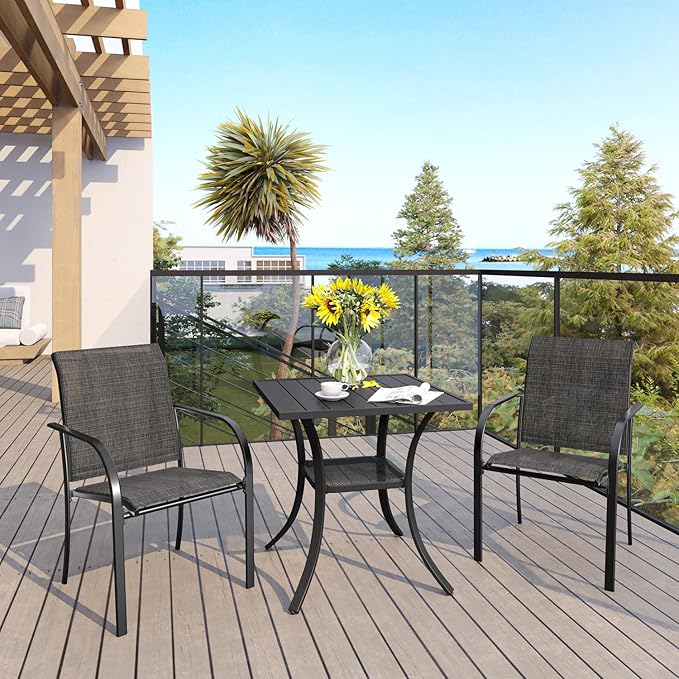 VICLLAX Patio Set for 2, Outdoor Dining Set Includes 28" Small Outdoor Table and 2 Stackable Sling Chairs, Black Tabletop and Grey Fabric
