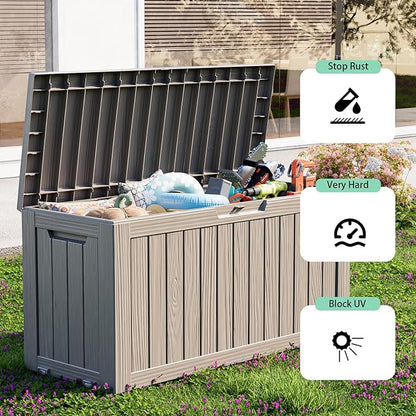 ROJIK Outdoor Storage Housing Deck Box - Waterproof Patio Furniture, Garden Tools, Cushions, Pool Accessories Storage Bench with Lockable Lid and Side Handles (Grey 88 Gal)