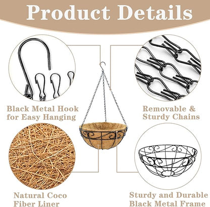 Outdoor Metal Hanging Planters Basket (4pack, 14 inch) Hanging Baskets for Plants Chain Round Wire Plant Holder with Coco Fiber Liners for Garden, Patio, Deck, Porch(Flower Border)