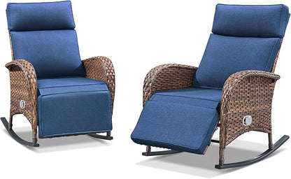 Zero Gravity Patio Rocking Wicker Recliner Chairs Set of 2- Wicker Outdoor Lounge Chair with Adjustable Backrest & Footrest, All Weather Reclining Rocker Chairs with Thick Cushion for Pool Deck Blue