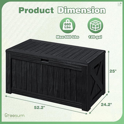 Greesum Outdoor Storage Box 120 Gallon Storage Bin with Lid for Patio Furniture, Garden Tools, Pool Supplies, Lockable, Waterproof and UV Resistant, Black