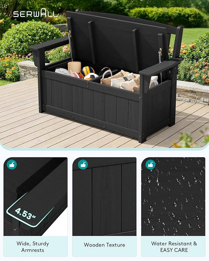 SERWALL HDPE Outdoor Storage Bench, All-Weather, UV-Resistant Deck Box with Waterproof Storage Bags, 57 Gallon Dual-Use Seat & Organizer Deck Boxes for Patio, Garden Tools & Pool (Matte Black)