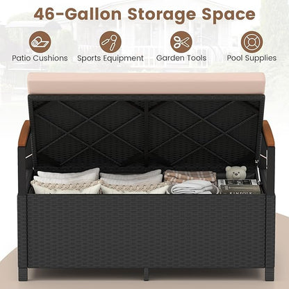 RELAX4LIFE Wicker Outdoor Storage Bench, Rattan Deck Box w/Protective Liner for Patio Furniture Pillows & Garden Tools, Porch Loveseat with Seat Cushion, Acacia Wood Armrests (Black-Beige)