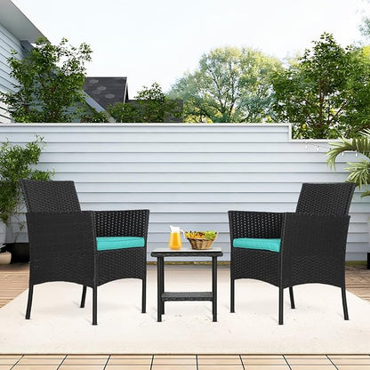 FDW 3 Piece Outdoor Furniture Set Patio Wicker Chairs Furniture Bistro Conversation Set 2 Rattan Chairs with Blue Cushions and Glass Coffee Table for Porch Lawn Garden Balcony Backyard