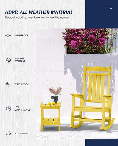 KINGYES Outdoor Rocking Chair Set of 2, High Density Polyethylene Patio Rocking Chairs with 330lbs Support for Adults, Yellow
