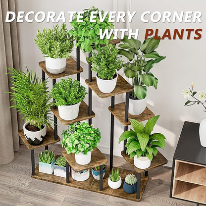 AZERPIAN Plant Stand 9 Tier Indoor Metal Flower Shelf for Multiple Plants Corner Tall Flower Holders for Patio Garden Living Room Balcony Bedroom, Black+Rustic Brown