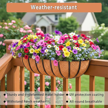 16'' Window Box Railing Planter with Coco Liner,2 Pack Horse Trough Planters Black Metal Hanging Flower Planters Basket for Porch Fence Patio Indoor Outdoor Lawn