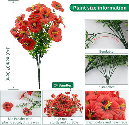 24 Bundles Artificial Pansy Flowers for Outdoor, Faux Silk Pansies Spring Flowers Outside for Planter Front Door Porch Patio Yard Window Box Home Decor (Red)