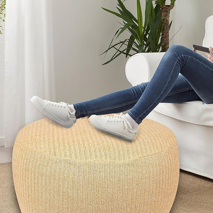 Woven Inflatable Ottoman, Fade-Resistant D31”x H14” Outdoor Indoor Pouf Patio Footrest Stool with Portable Handle, Round Ottoman for Patio Garden, Camping, Bedroom, Living Room