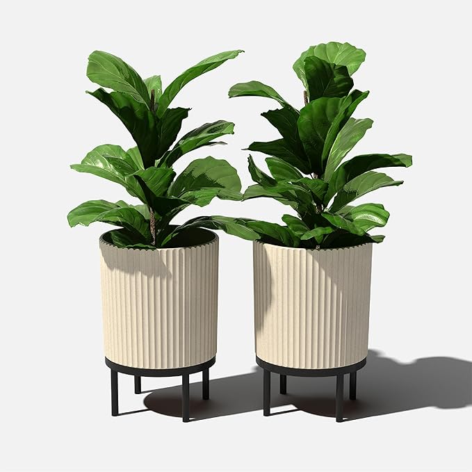 Veradek Demi Series Round Planter w/Stand for Porch/Patio | Durable Plastic-Stone Composite & Wooden Stand | Modern Décor for Tall Plants, Flowers