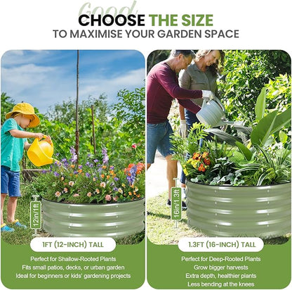 G GOOD GAIN Round Raised Garden Bed - 1Pcs 3x3x1.4ft Galvanized Steel Planter Boxes Outdoor with Rubber Edge Trim | Metal Raised Beds for Gardening Vegetables Flowers Fruits Herbs (Olive Green)