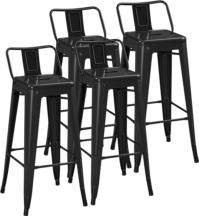 Yaheetech Bar Stools Set of 4, Metal Counter Height Chairs, 30 Inch Industrial Kitchen Stools with Backrest and Footrest for Indoor/Outdoor, Matte Black