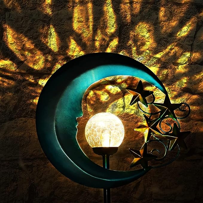 Stars Moon Solar Lights Outdoor - Solar Powered Garden Lights Decorative Crackle Glass Globe Led Waterproof Landscape Lighting for Pathway,Yard,Lawn,Patio