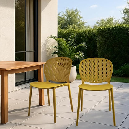 2xhome Set of 2 Patio Dining Chairs | Modern Stackable Outdoor Pool Side Chair | Weather Resistant Plastic for Yard, Porch, Balcony, Kitchen, Yellow