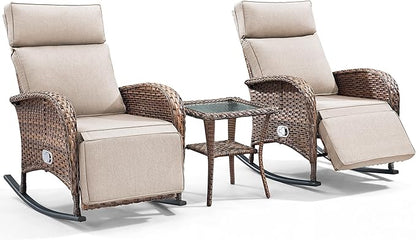 3 Pieces Zero Gravity Wicker Patio Rocking Recliner Chairs Set of 2 - Wicker Outdoor Lounge Chair with Side Table, Adjustable Backrest & Footrest, High Back Outdoor Recliner Chair for Pool Deck Beige