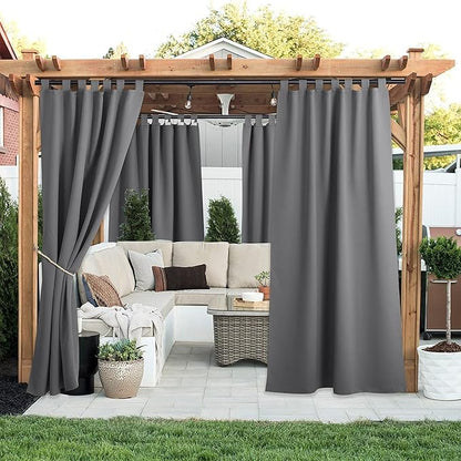 NICETOWN 2 Pieces Outdoor Curtainss for Patio Waterproof 95 inch Length, Sticky Tab Top Thermal Insulated Blackout Window Treatment Dividers Protect Privacy for Cabana/Arbor, W52 x L95, Grey