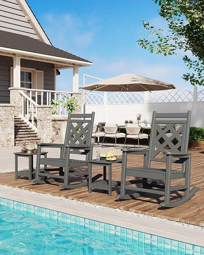 GarveeLife Outdoor Rocking Chair Set of 4, HDPE Weather Resistant Patio Rocking Chair Porch Rocker with Wood Texture & 380 LBS Support for Deck, Pool, Backyard, Gray