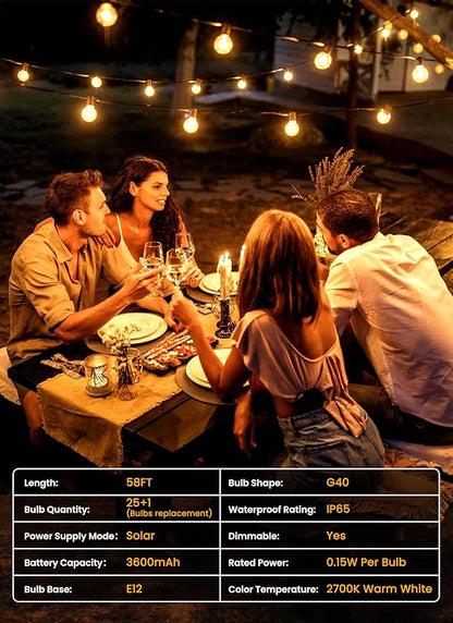 Brightown 58FT Solar String Lights Outdoor with Remote and 26 LED Shatterproof Bulbs, Dimmable & Timable, 3 Light Modes, Solar Patio String Lights Outdoor for Cafe, Garden, Deck, Outside Wedding