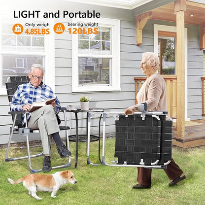 VINGLI Aluminum Oversize Patio Lawn Chairs Folding Set of 2 with Detachable Cup Holder, Webbed Beach Chair Folding Chair Outdoor Portable Camping Chair for Yard, Garden