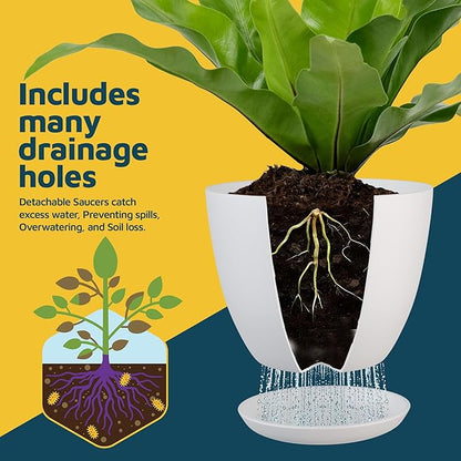 Multicolor Plant Pots with Drainage Holes & Saucers 5 Pack, Indoor & Outdoor Stackable Space-Saving Planters for Houseplants & Flowers, (7", 6.7", 6", 5.3", and 4.8" Inches), Durable & Weatherproof