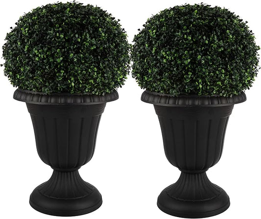 Outdoor Planter 2-Pack - 16x18-Inch Urn Planters - Plastic Plant Pots for Indoor, Outdoor, or Front Porch Decor - Flower Pots by Pure Garden (Black)