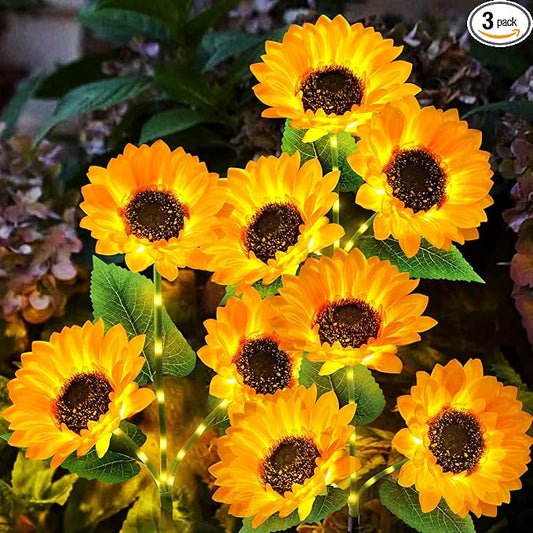 KOOPER Solar Lights Outdoor Decor - Upgraded 3 Pack Solar Garden Lights with 9 Sunflower Lights, Waterproof Solar Outdoor Lights Auto ON/Off Solar Decorative Lights for Garden, Patio, Yard