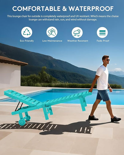 SERWALL Outdoor Chaise Lounge Set of 4, 78" Patio Lounge Chair with 5 Positions Adjustable Backrest, HDPE Lounger with Rolling Wheels & Cup Holder for Poolside, Beach, Garden, Aruba