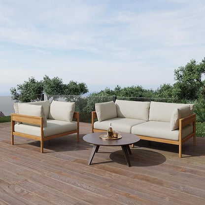 Acanva Modern Outdoor Patio Furniture Set, All-Weather Aluminium Conversation Sectional Sofa with Thick Cushions for Backyard, Garden, Porch, Armchair, Beige