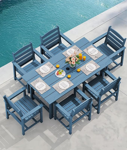 SERWALL 8-Piece Patio Dining Sets with 15FT Double Side Patio Umbrella, Outdoor HDPE Dining Furniture Set with Umbrella Hole Cut-Out Table and 6 Chairs, Blue（Umbreall Base not Included）