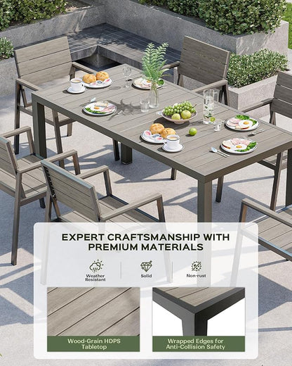 7-Piece Outdoor Dining Set, Aluminum Dining Table Set for 6, Patio Table and Chairs Set with Umbrella Hole, All Weather HDPS Outdoor Table and Chairs for 6 (Gray)