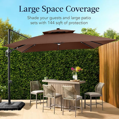 Best Choice Products 12x12ft LED Cantilever Patio Umbrella w/Base Included & 360° Rotation, Large Solar Offset Hanging Outdoor Sun Shade for Deck, Backyard Table w/Stand & Lights – Brown