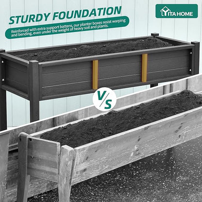 YITAHOME Raised Garden Bed HDPE, 47x18x31In Raised Flower Bed Poly-Wood Weather-Resistant Elevated Planter Box with Lockable Wheels & Storage Shelf for Vegetable Flower, Black