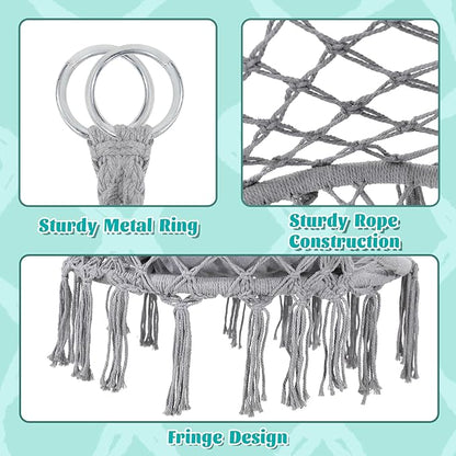 Macrame Hammock Hanging Swinging Chair with Medium Cushion, Perfect for Bedroom, Porch, Adults, Balcony, Grey