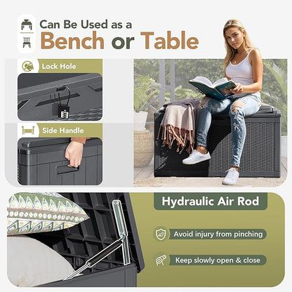 Flamaker Deck Box with Cushion 100 Gallon Waterproof Resin Storage Box with Air Rod Indoor Outdoor Lockable Storage Bench for Patio Furniture, Tools, Pool Accessories (Gray)