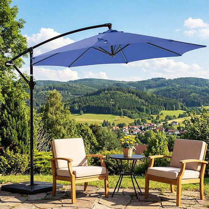 OLIXIS 9.7FT Offset Patio Umbrella with Base, Cantilever Table Umbrellas for Outdoor Sun Shade UV Protection with Easy Tilt Adjustment, 8 Ribs for Backyard, Lawn, Garden, Pool - Blue