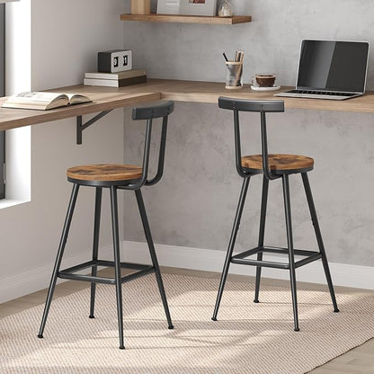 Bar Stools, Set of 2 Bar Chairs with Backrest and Footrest, 26" Tall Counter Stools, Metal Frame, Adjustable Feet, Easy Assembly, for Kitchen, Living Room, Pub, Rustic Brown BAHR6001